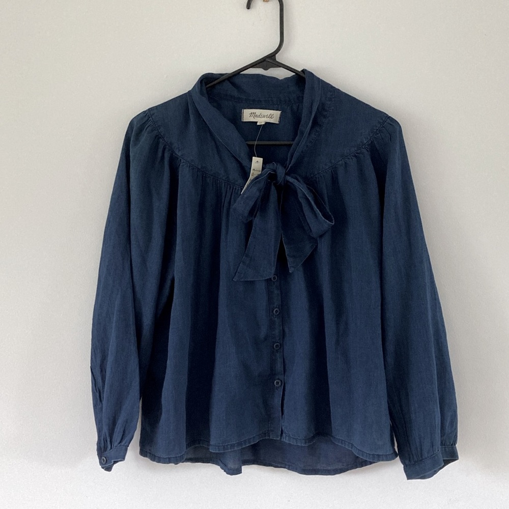 Madewell Blue Bow Tie Blouse Small